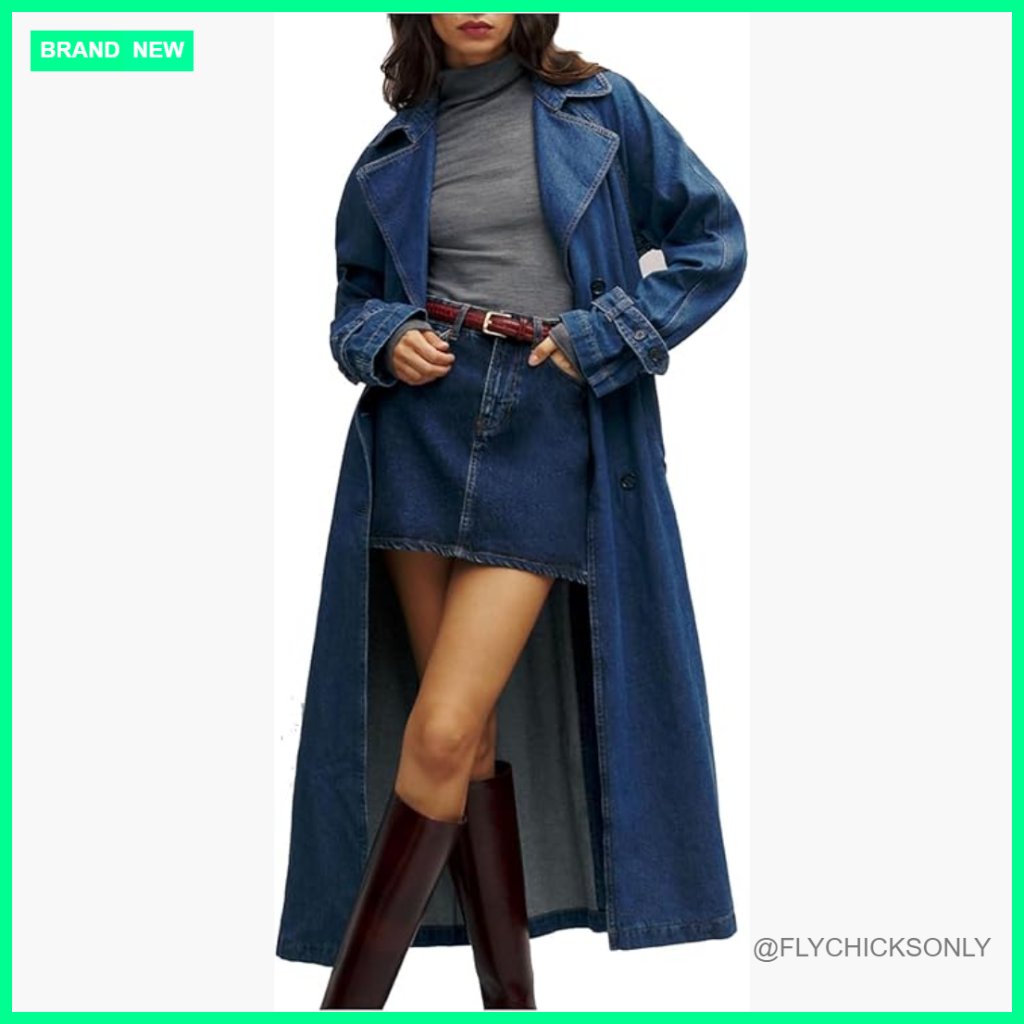 Women's Denim Trench Coat Double Breasted Midi Overcoat With Belt